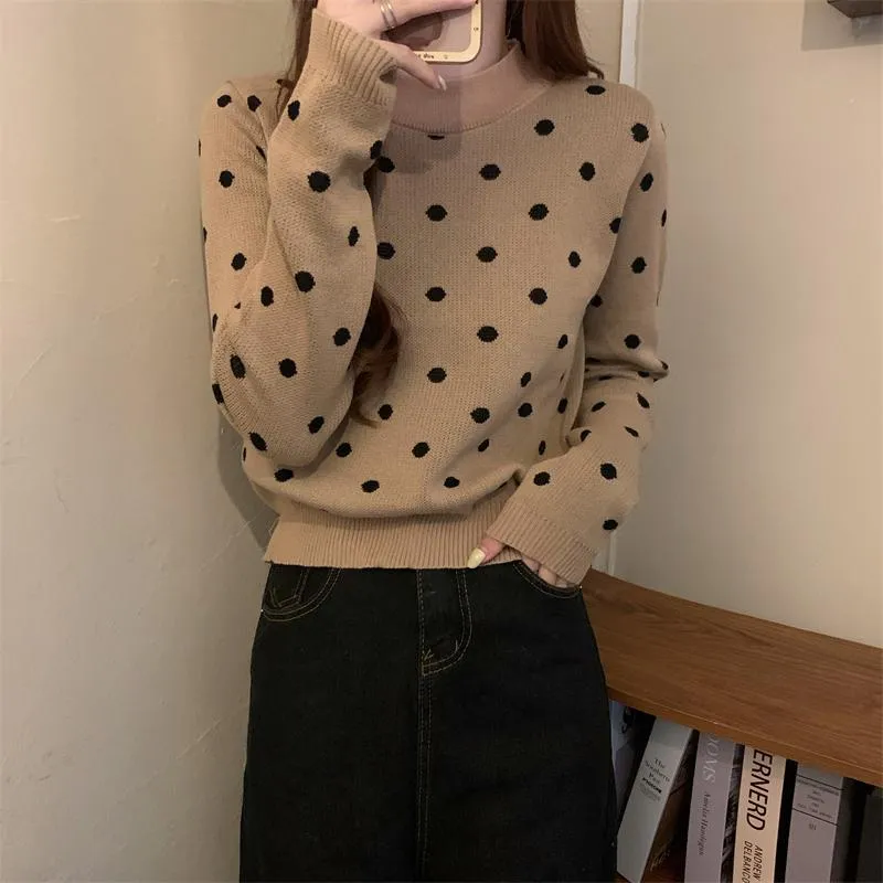 Dames truien 2023 Winter losse ronde kraag lome luie windvrouw trui preppy stijl vrouwelijke studenten kleren Polka Dot Lady Knit Pul