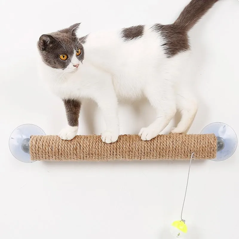 Arranhadores para gatos, poste de brinquedo para gatos, estrutura de escalada, coluna de garra afiada, juta natural com ventosa forte e bola de sino