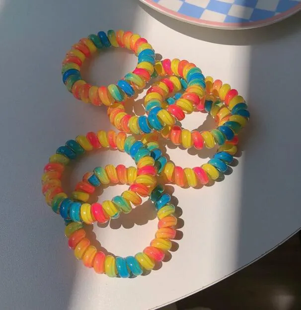 Kadın Kızlar Renkli Gökkuşağı Spiral Saç Bağları Halat Telefon Teli Plastik Kalınlaştırılmış Scrunchies Saç Kauçuk Bantları Saçjewelry