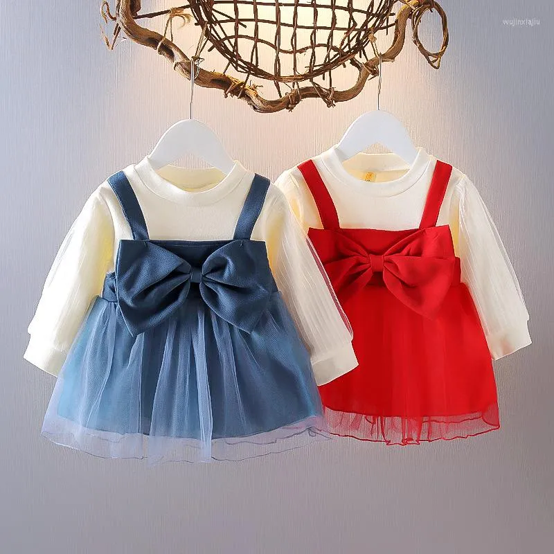 Dziewczyna sukienki dla dzieci księżniczki mody patchwork dekoracje łuku O-Neck A-line sukienka Koreańska słodka urocza odzież dla dzieci na 1-4y