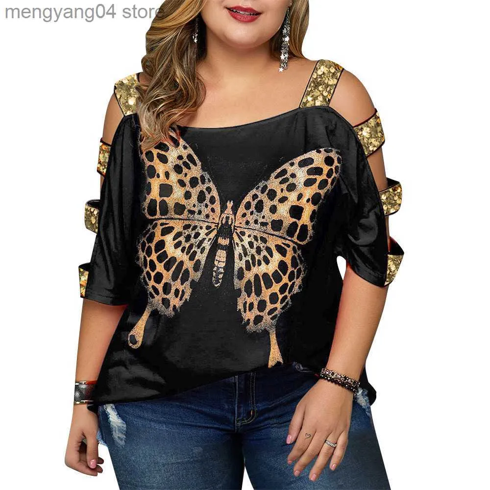 T-shirt Femme Été Plus La Taille 5XL Tops T-shirt Femmes Paillettes Évider Papillon Imprimé Noir T-shirts Femme Hors Épaule Tunique T-shirt T230510