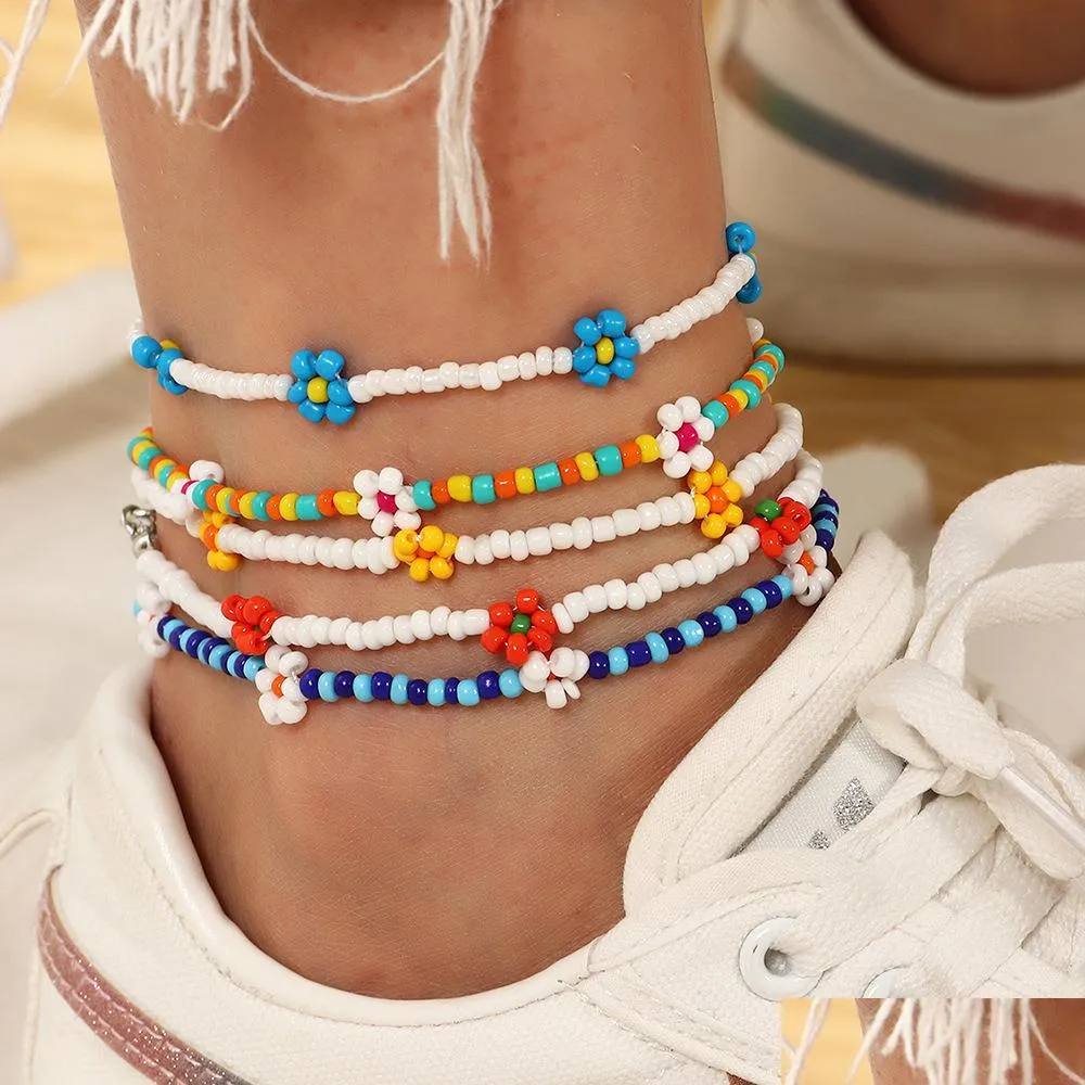 Barefoot Sandals 2021 New Cute Flower Daidy Bead Anklet Bracelet For Women Bohemian Colorf Handmade Elastic Strech Jewelry Gift Drop Dhy3O