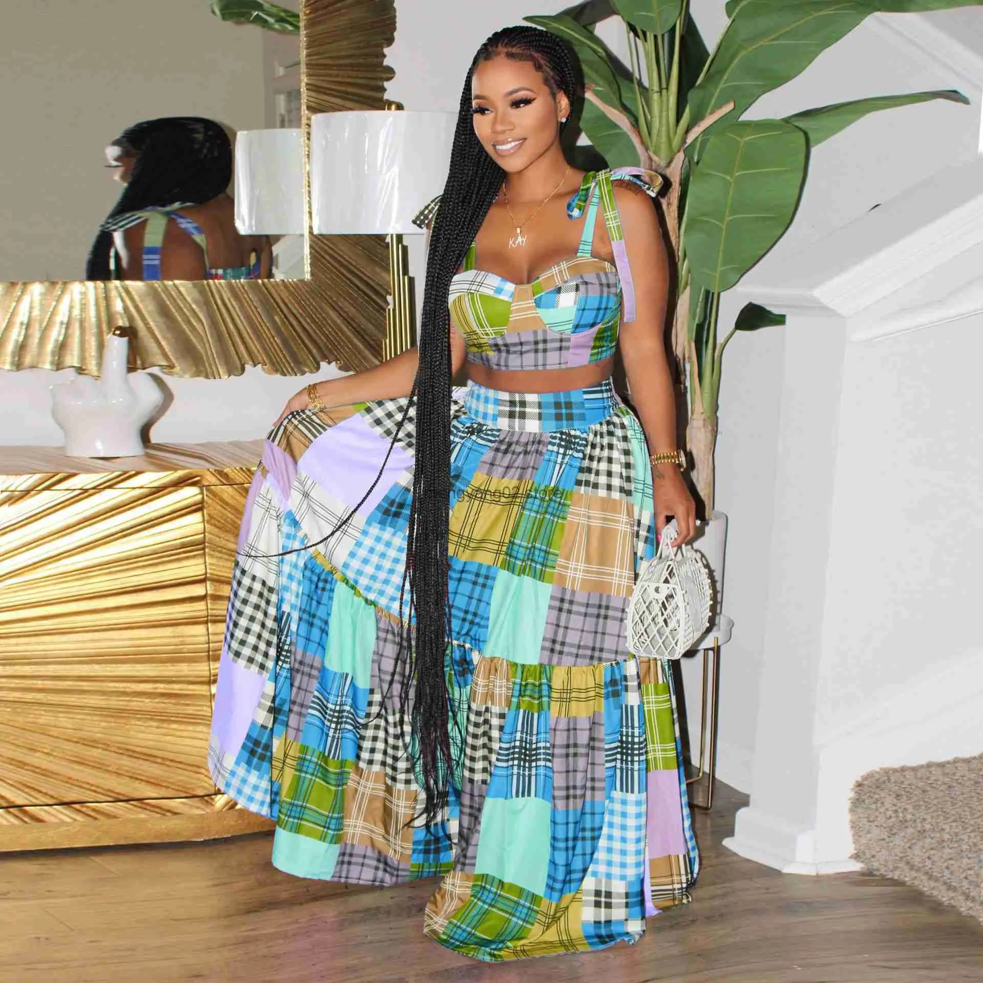 Plaid Colorblock Summer Two Piece Set For Women Casual Crop Plaid Colorblock Summer Two Piece Set For Women Casual Crop