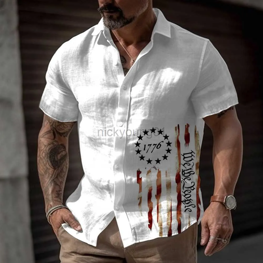 Erkekler Sıradan Gömlek 2023 Yaz Gömlek Kısa 3D Baskı Üstleri Tee Bağımsızlık Günü Bayrağı Harajuku Sleve Sleep Boy Boy Bluz Y23