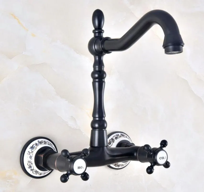 Kitchen Faucets Basin Faucet Swivel Double Handle Dual Hole Wall Mount Bathroom Sink Cold And Water Mixer Tap Black Oil Brass Dnf462