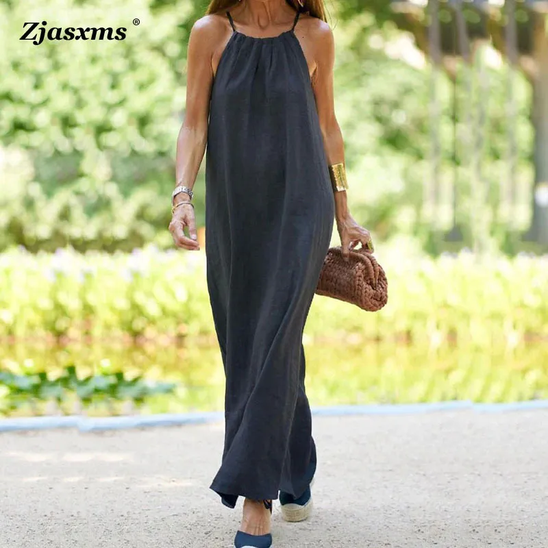 Casual Dresses Gaun Pantai Katun Linen Wanita Gaun Pesta Tanpa Lengan Kasual Halter Off Shoulder Retro Warna Polos 230509