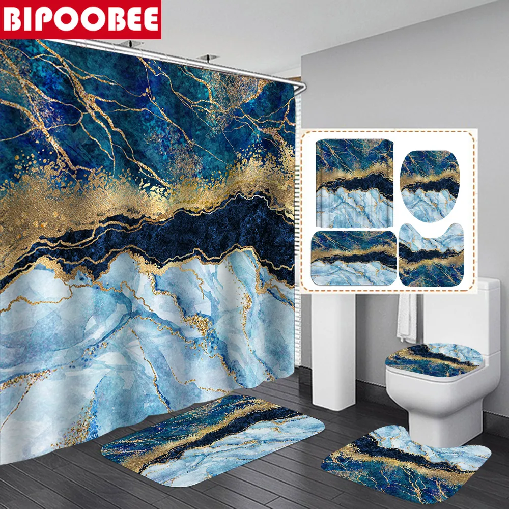 Shower Curtains Blue Gold Marble Mosaic with Golden Veins Bathroom Toilet Lid Cover Mats NonSlip Carpet Bath Rugs Home Decor 230510