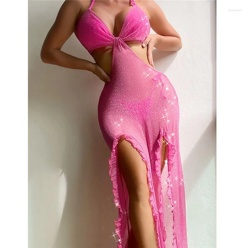 Casual Dresses Fashion Backless Women Dress for Beachwear Holiday Outfits Sexig snörning Split See Through Summer Cover Ups Vestidos