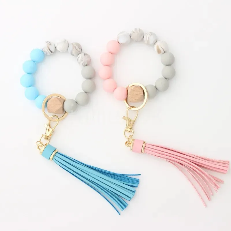 Party Favor 14 Style Wood Silica gel houten armband Keychain verlies preventie Tassel Key Ring Pendant Pure DD587