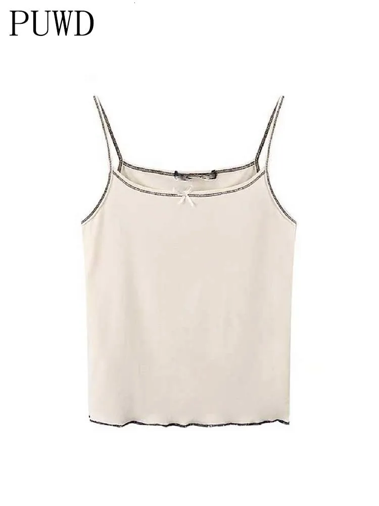 Camisoles Tanks PUWD Elegant Women Beige Tank Summer Fashion Ladies Falsie Slim Lace Patchwork Top Donna Chic Soft Cotton Tops 230510