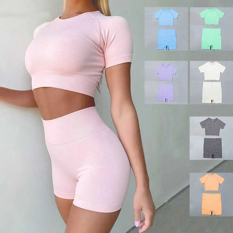 Yoga Outfits 2022 Seamless Yoga Set Summer Workout Clothes for Women Sport Set Crop Top Shorts Push Up Fitness Workout Gym Suit with Shorts AA230509