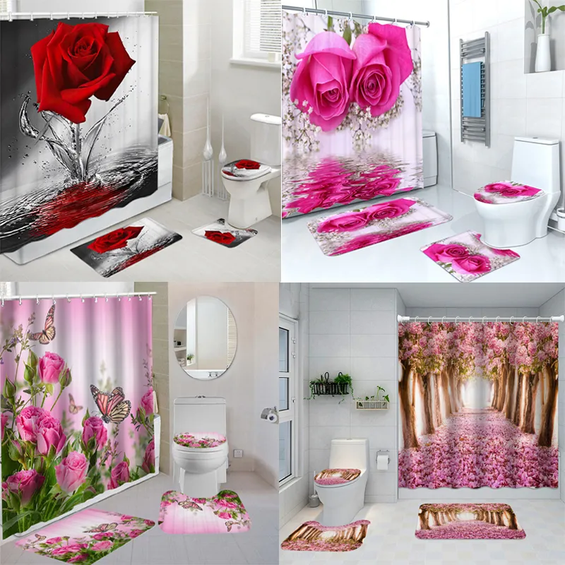 Duschvorhänge, rote Rose, Schmetterling, Blumen, Badezimmer-Vorhang-Set, wasserdicht, Polyester, waschbar, rutschfest, Badematte, Teppich, WC-Abdeckung 230510