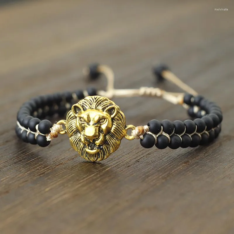 Bracelets porte-bonheur Noter fait à la main tisser hommes Bracelet Vintage Lion Braclet réglable 4mm petite pierre Onyx Punk Braslet Homme cadeau pour lui