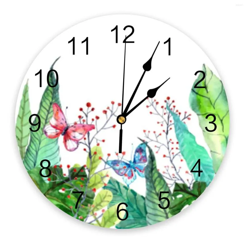 Wall Clocks Plant Leaf Butterfly Green Simple PVC Digital Clock Modern Design Living Room Decor Large Watch Mute Hanging