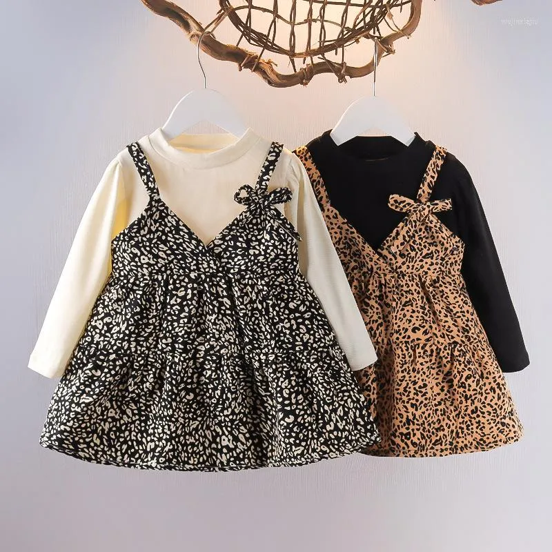 Девушка платья 2023 Осенний корейский стиль Маленький модный фальшивый два куска платья детская юбка с длинным рукавом