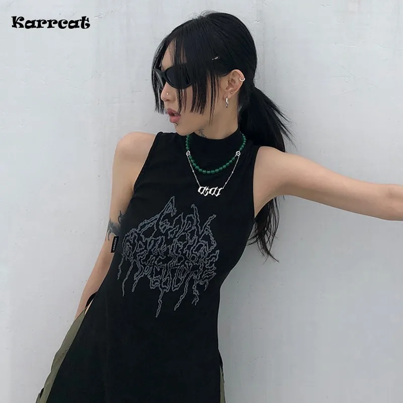 Damen Tanks Camis Karrcat Yamamoto Style Schwarzes Tank Top Grunge Gothic Rollkragen Tops Cyber Y2k Chic Designer Kleidung Dunkle Ästhetische Streetwear 230510