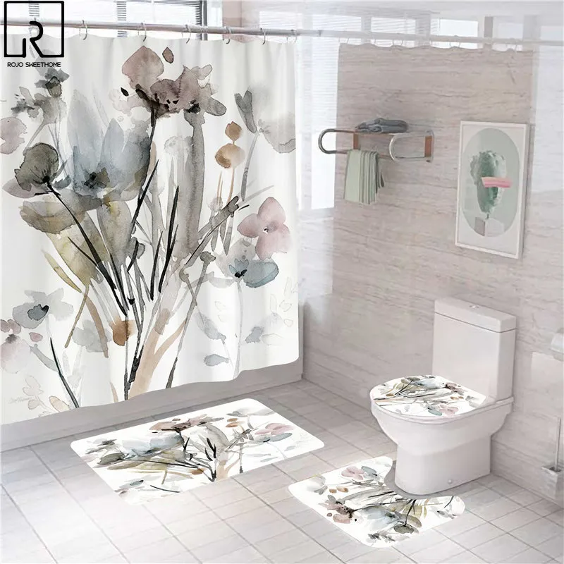Cortinas de ducha Flor de primavera Cuarto de baño Poliéster Impresión 3d Alfombras antideslizantes Juego de alfombrillas Decoración de pantalla de baño Accesorios de baño 230510