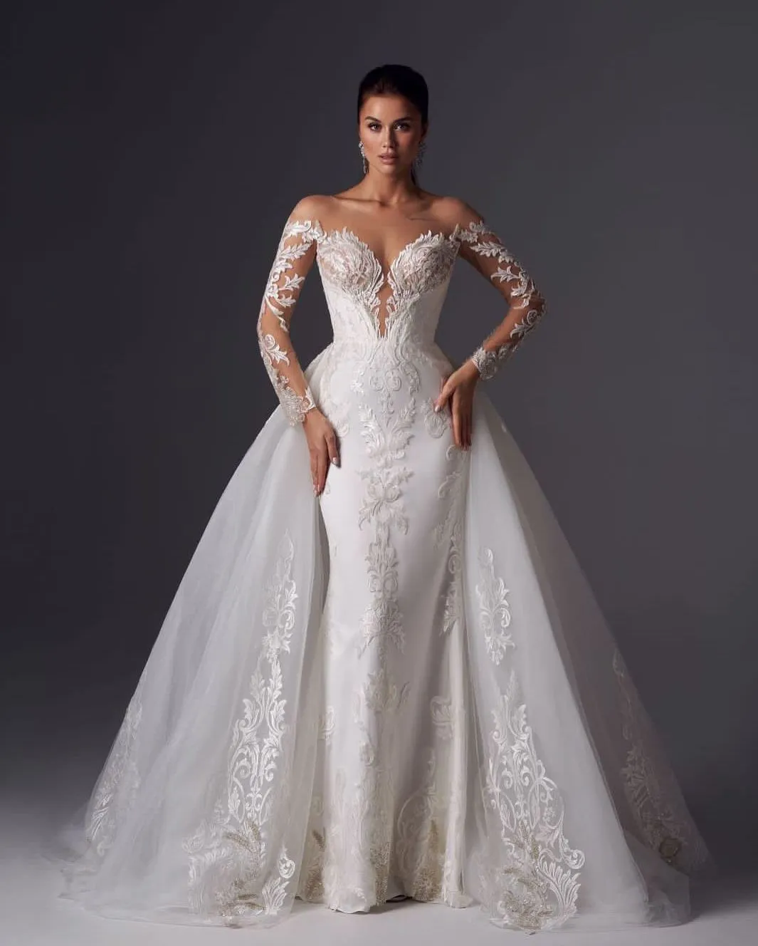 Elegant Lace 2023 Mermaid Wedding Dress With Detachable Train Long Sleeve Sheer Neck Bridal Gown Robe de mariee