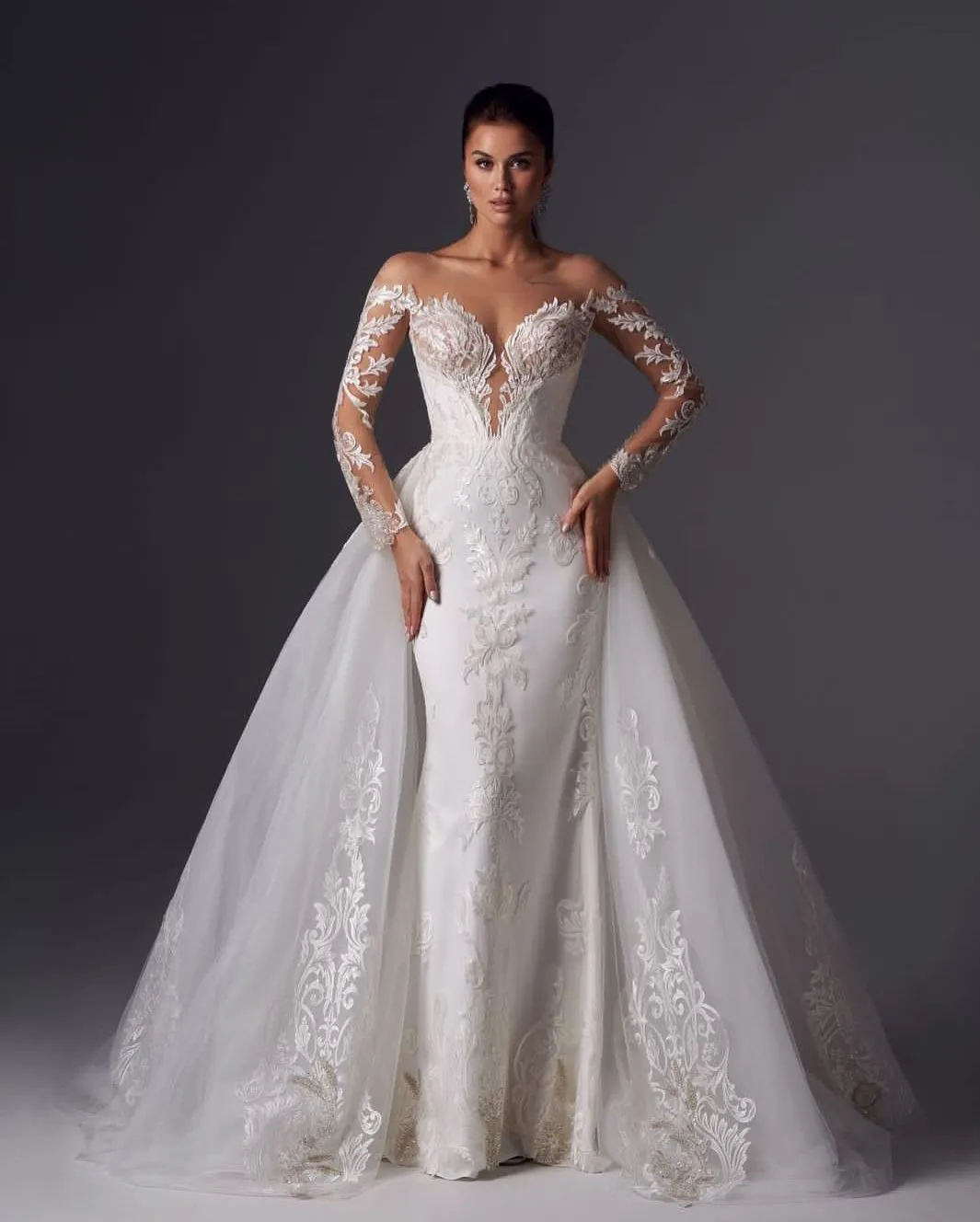 Vestido de Noiva Sereia Elegante Renda 2023 Com Trem Destacável Manga Longa Decote Transparente Vestido de Noiva Robe de mariee