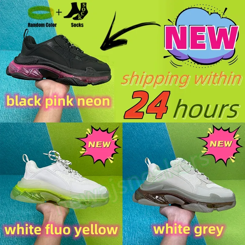 Triple S Clear Sole Casual Shoes Designer Sneakers Casual Men Luxury Shoes Black Pink Neon White Fluo Yellow White Grey Mens Women Outdoor Platform Jogging Sneakers