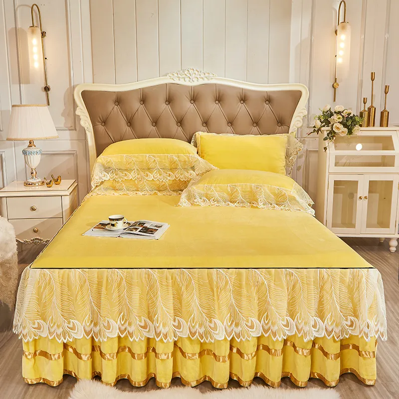 Bed Skirt Princess Lace Milk Velvet Bed Skirt with Pillowcase for Girls Mat Bed Sheet Skirt Bedding Bedspreads Bed Cover Non-Slip Sheet 230510