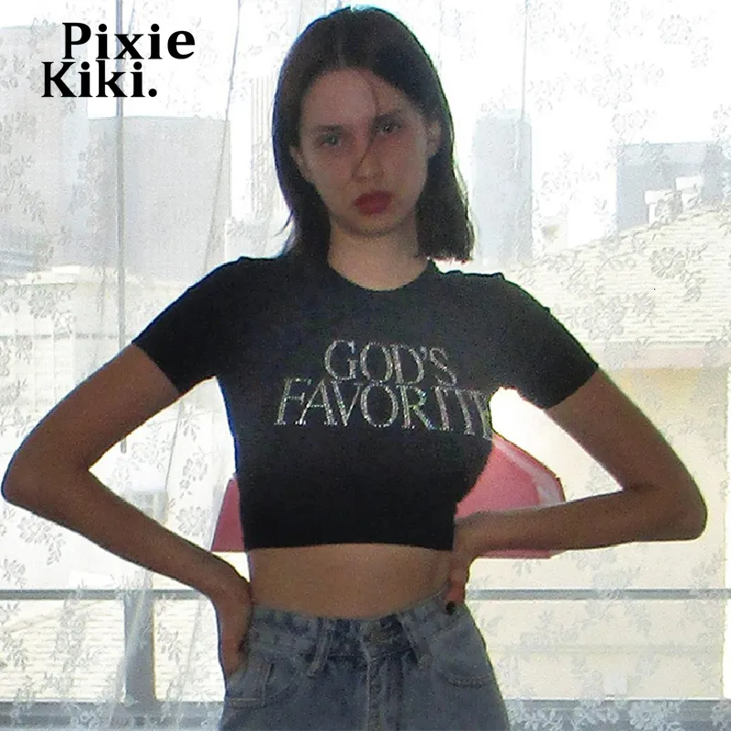 Damen T-Shirt PixieKiki Letter Crop Tops Schwarz Y2k Streetwear Sexy Kurzarm Enge T-Shirts für Frauen Baby Tee 90er Jahre P71BZ11 230510