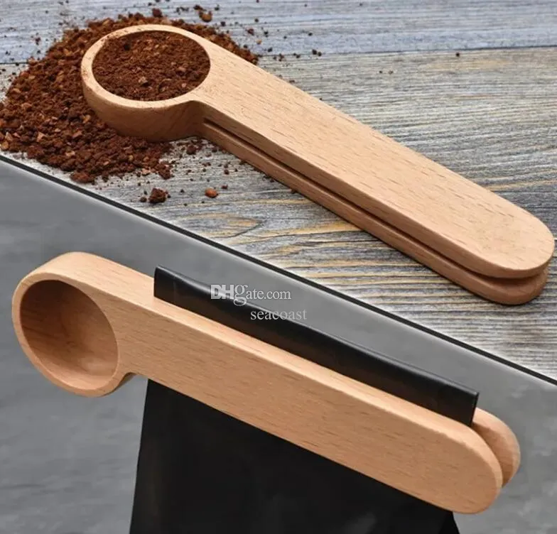 Wholesale Wooden Coffee Scoop With Clip Tablespoon Solid Beech Wood Measuring Tea Bean Measuring Spoons Clips Gift Kitchen Tools