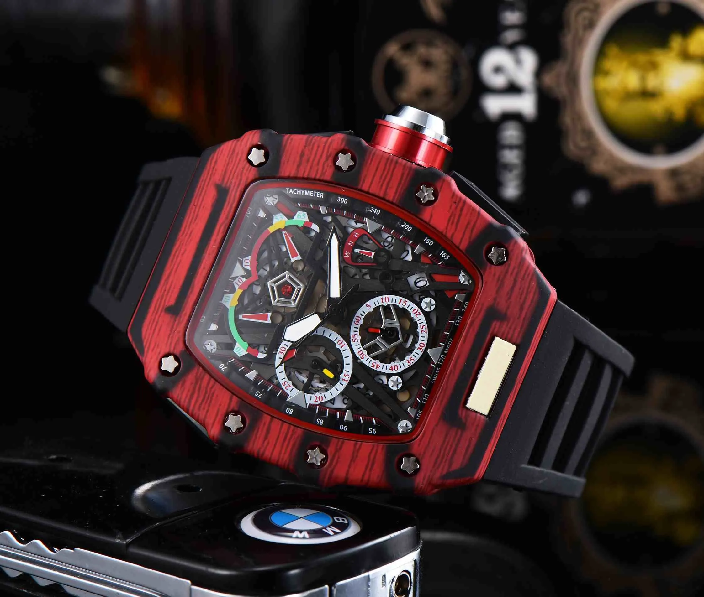 Hoogwaardige horloge top digitale versie skelet wijzerplaat alle glasvezelcase Japanse saffier luxe horloge rubber ontwerper sporthorloge