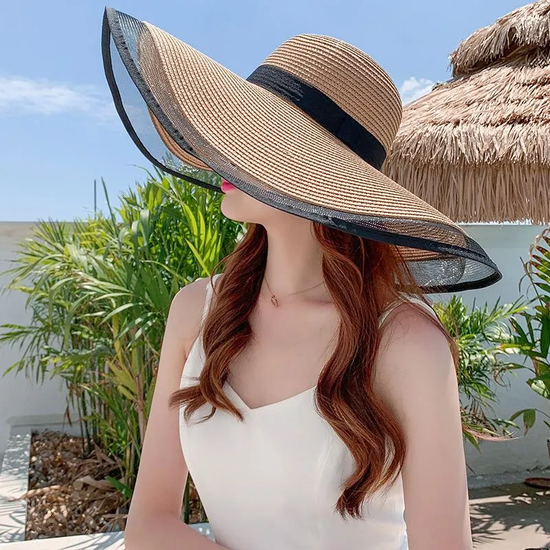 Breda brimhattar 2023 Sun For Women Girls Floppy Straw Hat Summer Böhmen Beach Cap Ribbon Black