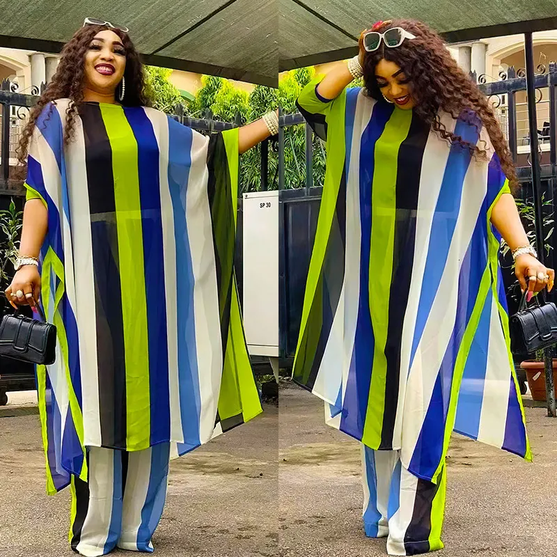 Etniska kläder plus size Spring 2 Piece African Chiffon Clothes for Women Summer Party Dress Dashiki Top Pants Fit Street Casual Outfits 230510