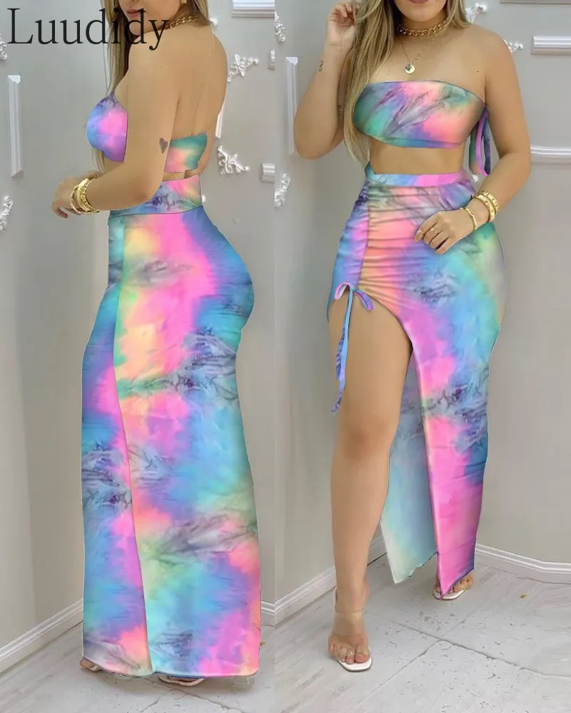 Two Piece Dress Women Sexy Tie Dye Print Bandeau Crop Top Drawstring High Slit Skirt Sets 230509