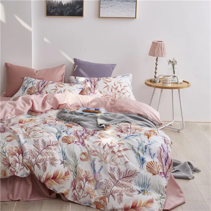 Ensembles de literie Multic couleur Feuille Oiseaux imprimer Ensemble De Luxe Coton Égyptien Doux Reine King size Drap de Lit Housse de Couette ensemble 230510