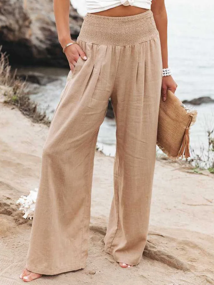 Women's Pants Capris Foridol Spring Summer Cotton Linen Women Pants Pockets Solid Casual White Wide Leg Office Lady White Long Trousers Khaki 230510