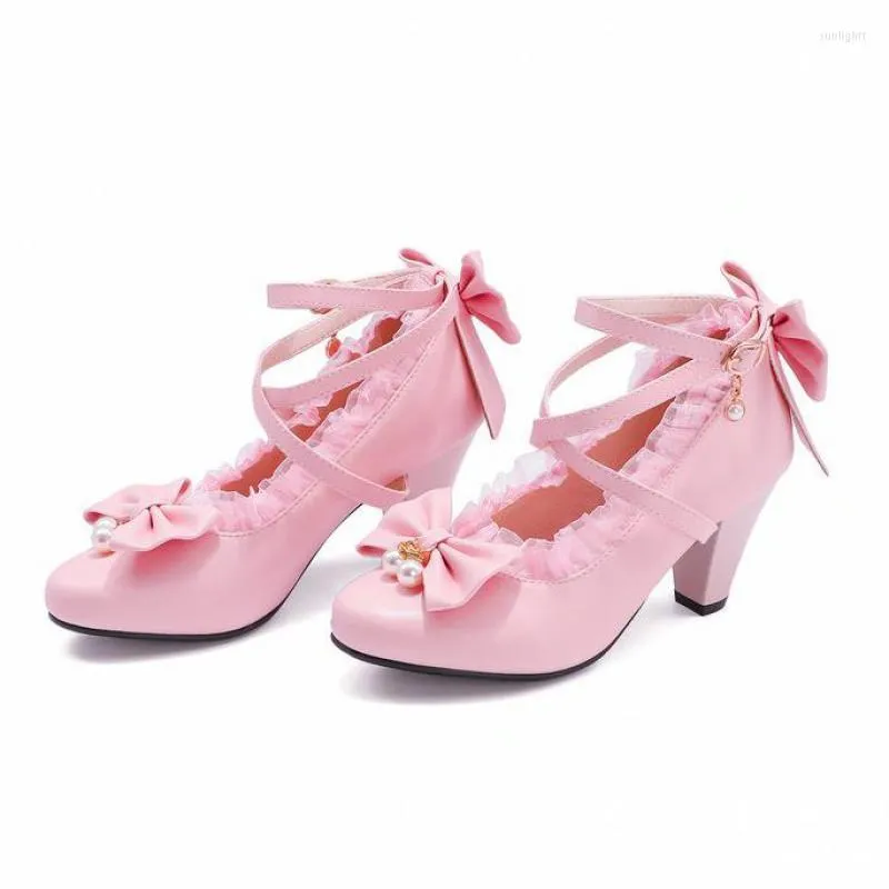 Chaussures habillées 32-43 Mary Jane Block Heel High Lolita Sshoes Lace Bow Girls Women