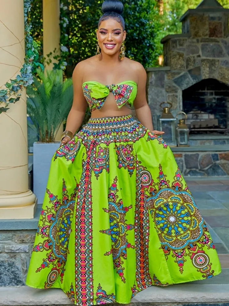 Two Piece Ethnic African Clothing Set Polyester Summer Dashiki Fashion in Long Skirt Suits for Women 230410