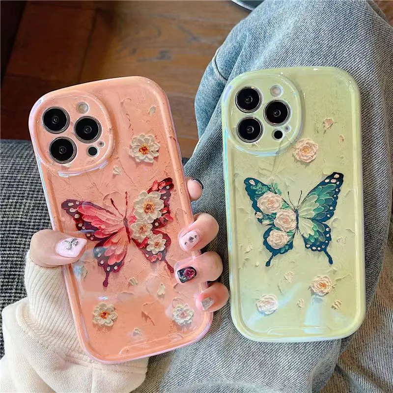 Designer Phone Case Cartoon Oil Painting Flower Butterfly Suitable for iPhone 11 12 13 Pro max XR XSMAX All-Pack Silicone Soft Case Anti-fall 7 8 plus