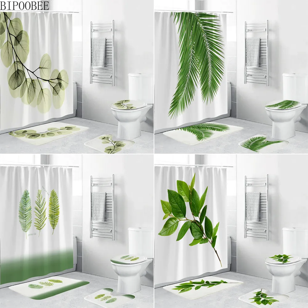 Cortinas de chuveiro folhas verdes de impressão cortina de impressão plantas tropicais banheiros naturais anti -vislip banheiro conjunto de tapetes de banheiro tapetes 230510