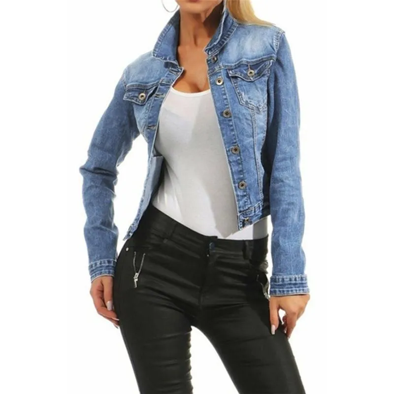 Herrjackor outwear kläder kort bomber jacka kvinnor casual mode denim long jean coat pärla överrock feminin