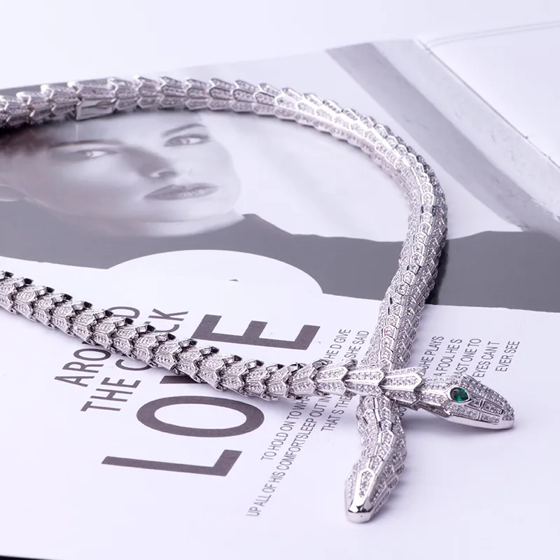 Women Choker Necklace Silver Tone Wide Snake Diamond Choker