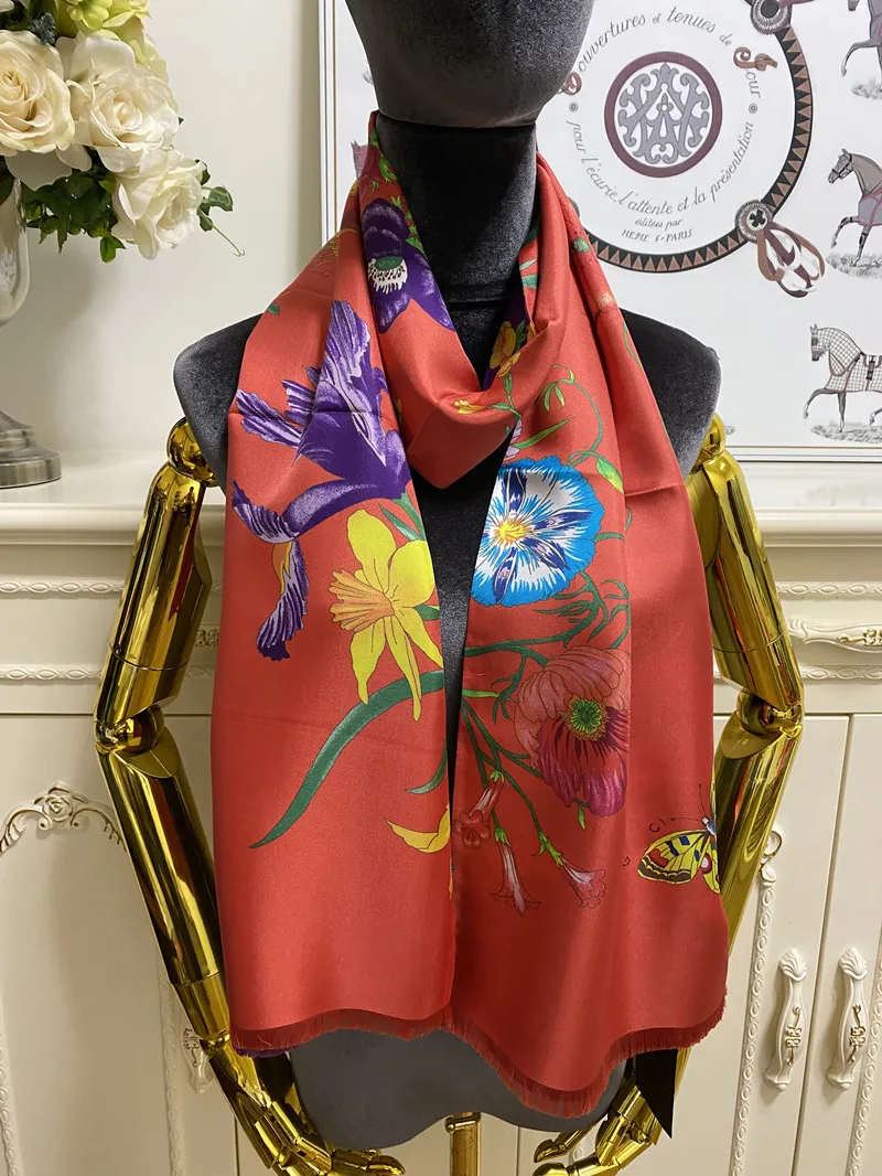 Écharpe longue pour femmes foulards double couche 100% soie sergé matière fine et douce impression lettre fleurs motif taille 180cm -26cm