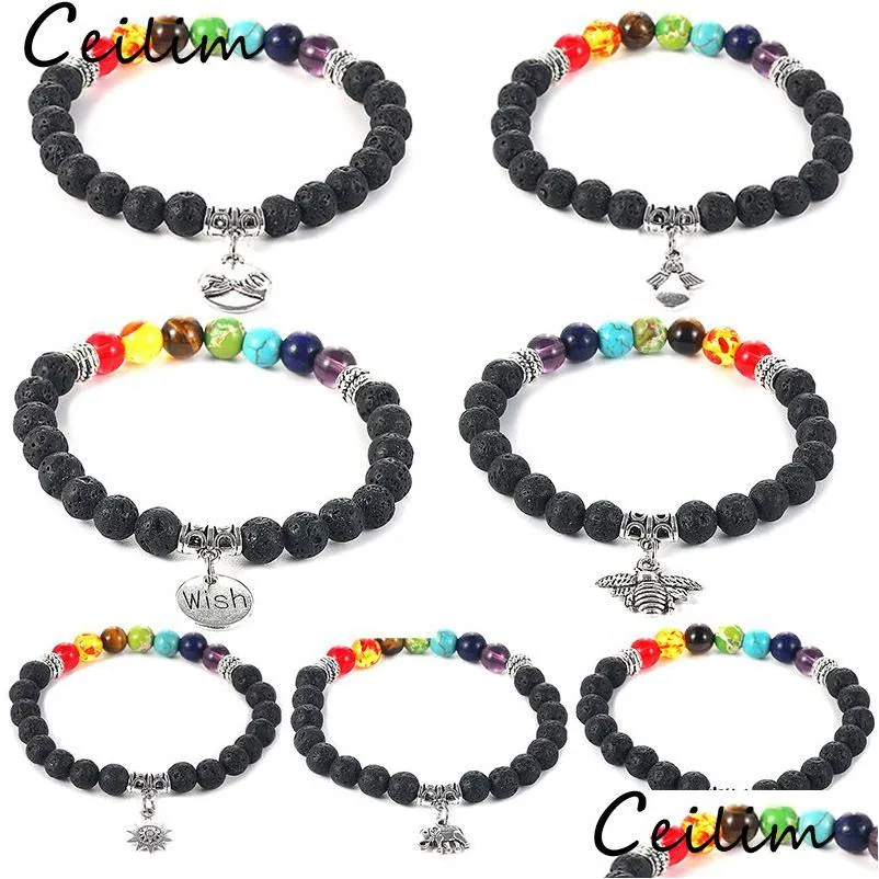 Moda z koralikami 6 mm 7 Chakras Lava Stone Koraliki Bransoletka Pszczół Miłość Miłość przyjaźń Angel Angel Charms Yaga koralika dla mężczyzn Wom Dhgarden Dhge6