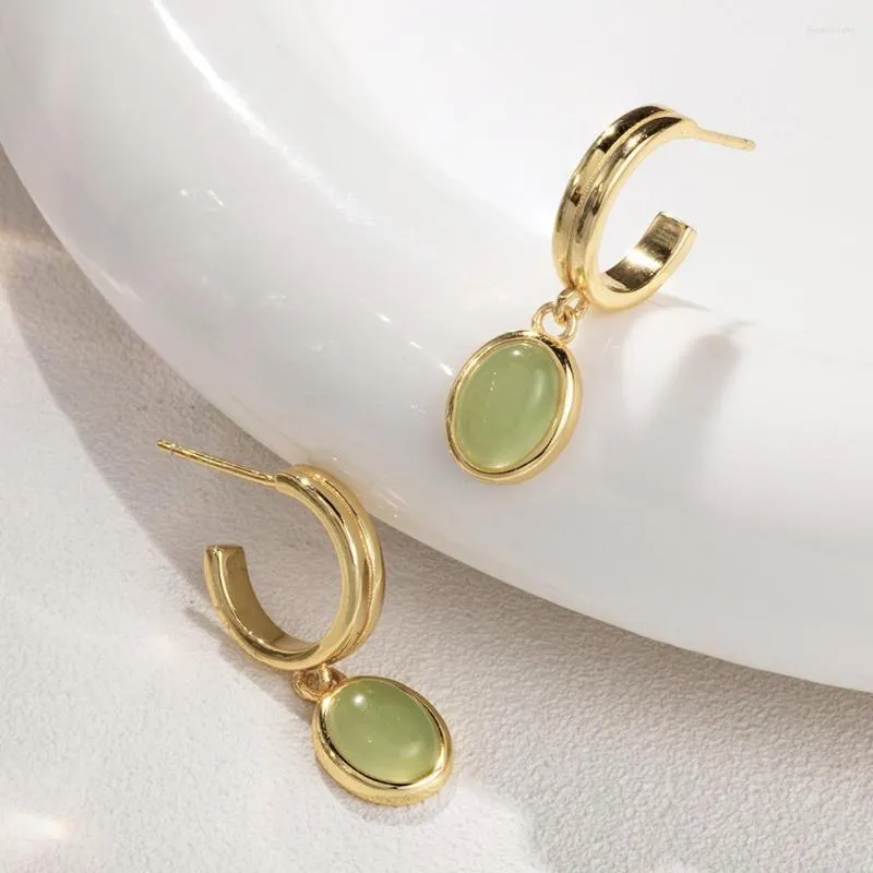 Boucles d'oreilles pendantes véritable 925 en argent Sterling cerceau pour les femmes INS géométrique vert pierre goutte 18K plaqué or bijoux Pendientes