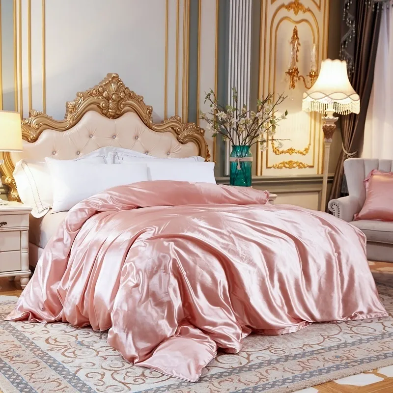 Sängkläder sätter fast färguppsättning med Mulberry Silk Däcke Cover Bed Sheet Pillow Case Luxury Satin Bedlay King Queen Double Twin Size 230510