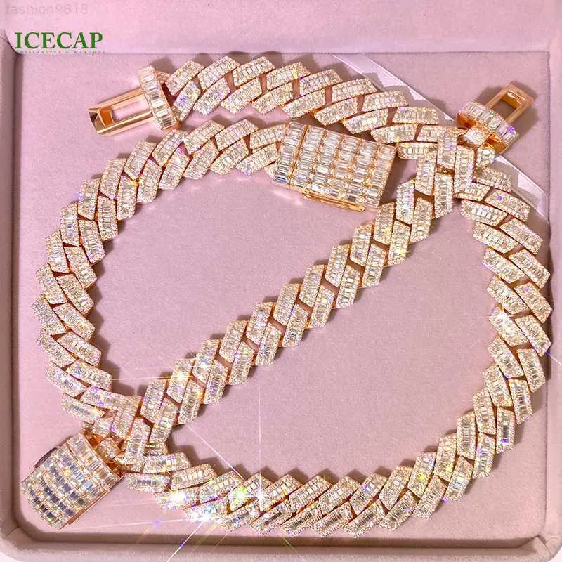 Fine Jewelry 925 Sterling Silver Baguette Cut Rose Gold Cuban Full Moissanite Link Necklace Hip Hop Rapper Bracelet