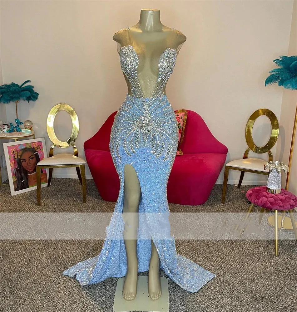 Glitter Sky Blue Sequin Prom 2023 For Black Girls Beaded Crystal Party Gowns Side Slit Evening Dresses Robe De Bal 322