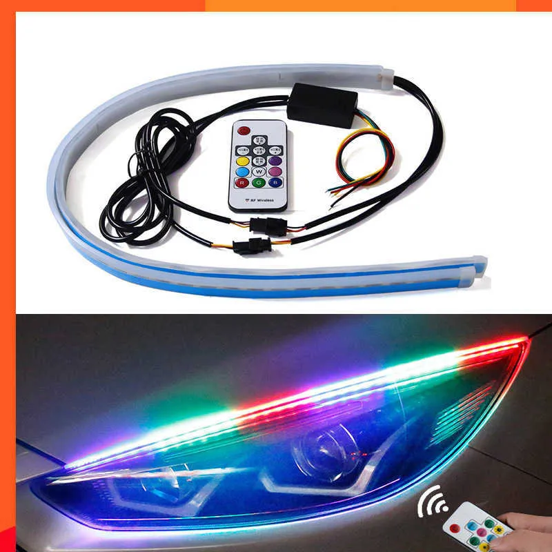 Neue 2Pcs Universal Flexible Fließende RGB Tagfahrlicht DRL Multi Farbe LED Streifen Blinker Lichter Für Scheinwerfer