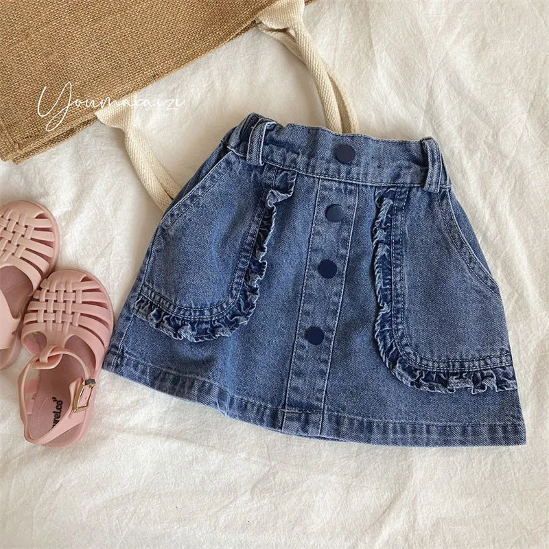 Summer Girls Denim Skirt With Ruffles And Pockets Casual Baby Girl