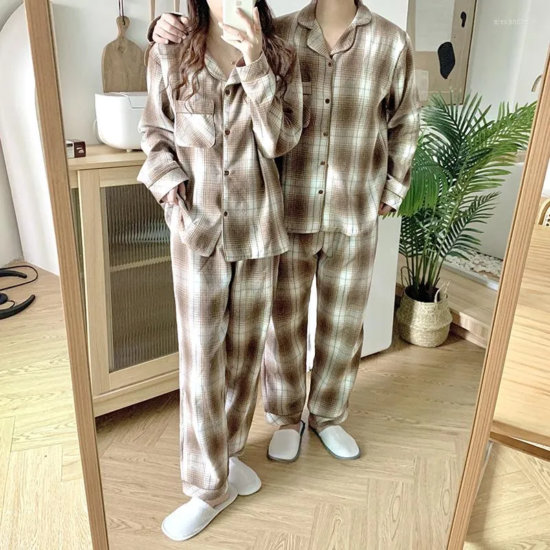 Women's Sleepwear Couple Lovers Plaid Print Autumn Pajamas Set Women Cotton Loose Vintage Harajuku Home Clothes Homewear Casual