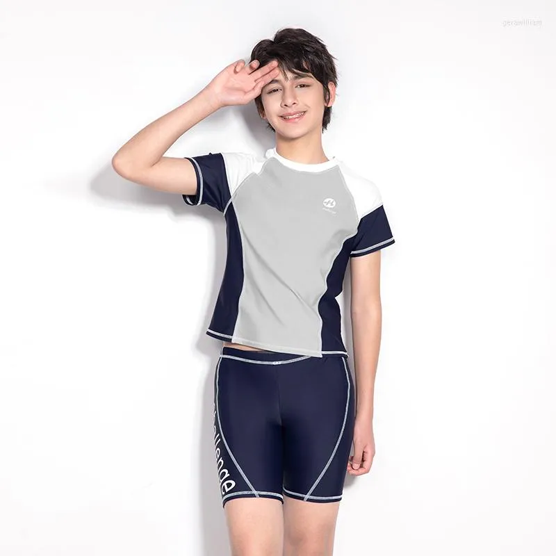 Women's Swimwear Boy Two Piece Swimsuit Short Sleeve Shirt Shorts Solid Grey Blue Patchwork Sport Teenager Children 2023 Beach Wear