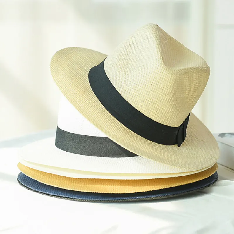 Chapeaux à large bord seau HT2261 été pour hommes femmes paille Panama solide plaine plage avec bande unisexe Fedora chapeau de soleil 230509